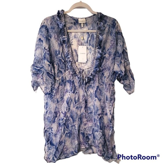 NWT Evarae Short Kaftan 100% Silk Blue Snake Fringe Size Large - Picture 4 of 4